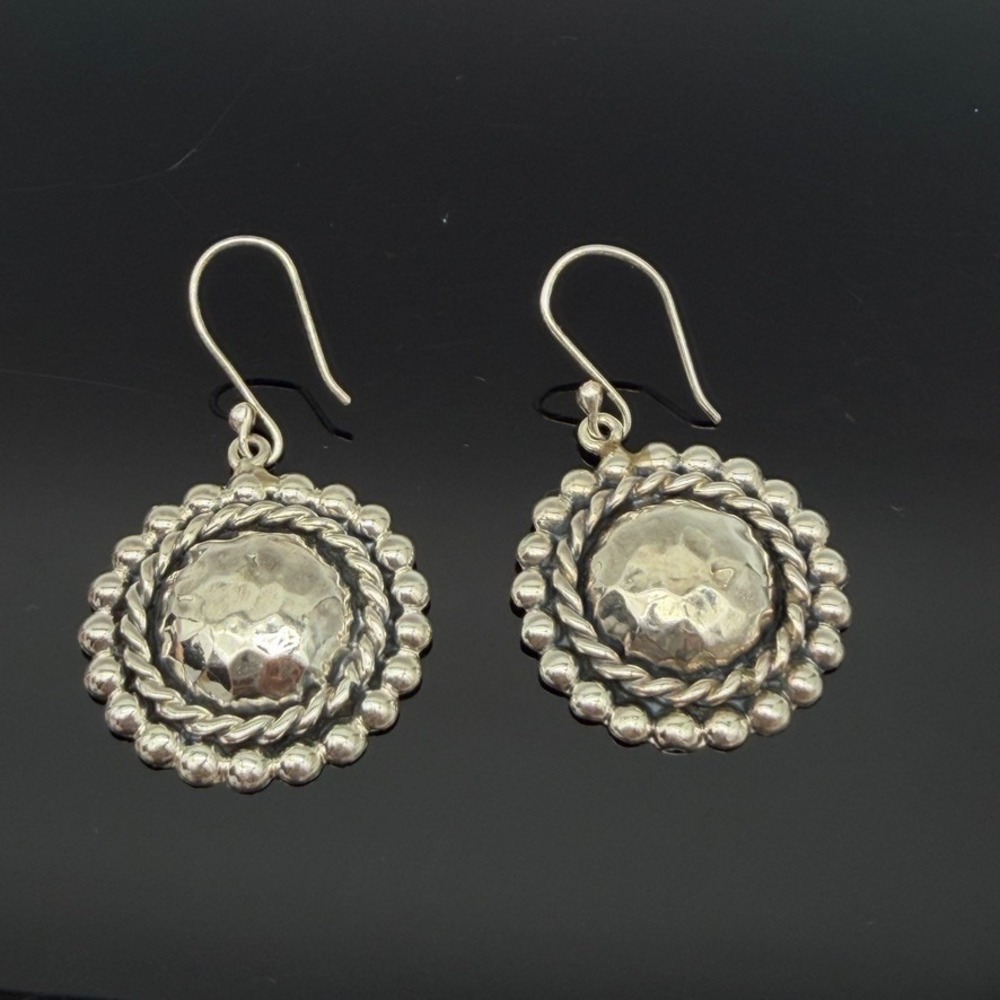 Mexico Sterling 925 Harmmered 1" Round Dome Rope Pebbled Textured Drop Earrings